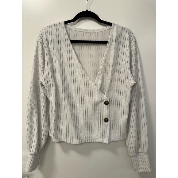 White Crochet Boxy Long Sleeve Cotton Blend Large V Neck Top - Picture 1 of 4